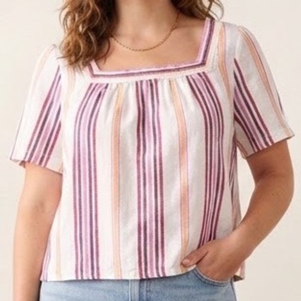 Vince Camuto Womens XL Square Neck Striped Short Sleeve Blouse Pink White